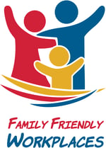 Family Friendly Workplaces logo - red person, blue person, and yellow child with their hands raised and wrapped around each other.